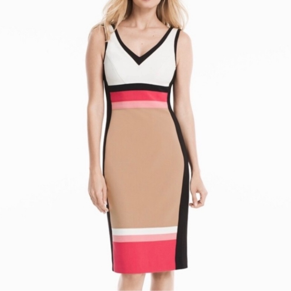 White House Black Market V-Neck Colorblock Sheath Dress Pink White Size 00